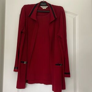 Misook red and black cardigan sweater with matching tank top